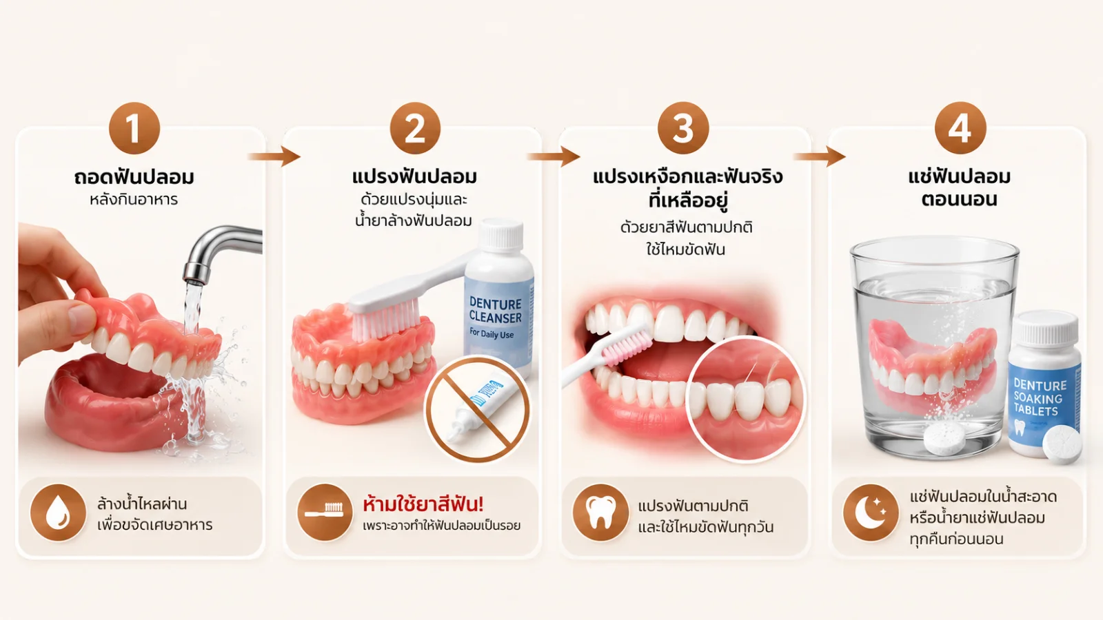 ผลิตภัณฑ์และการแปรงทำความสะอาดฟันปลอม