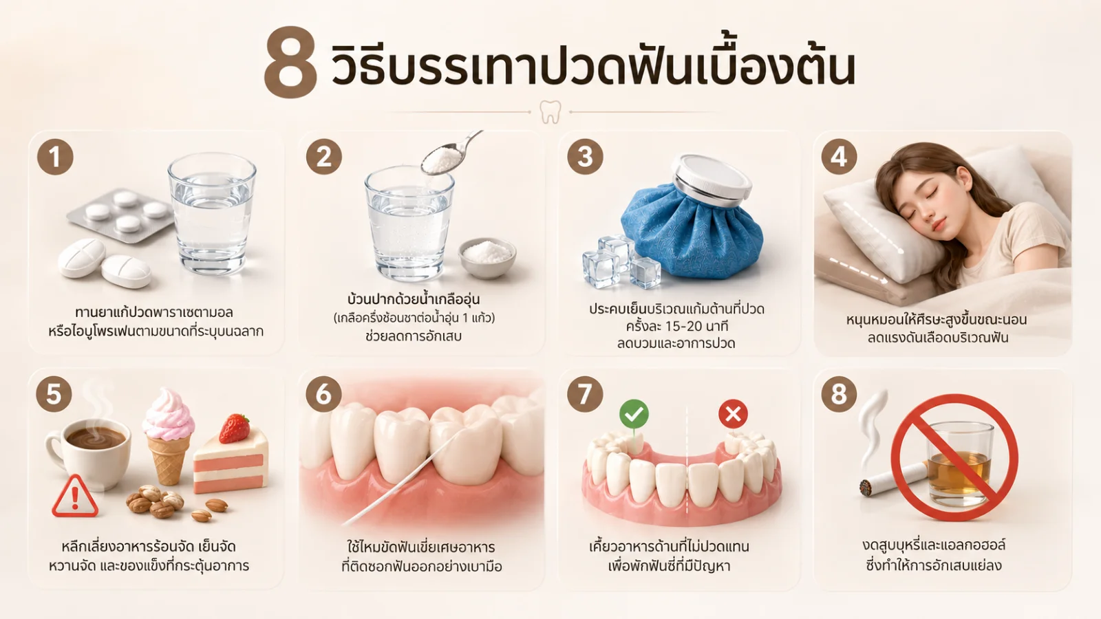 อินโฟกราฟิก 8 วิธีบรรเทาปวดฟันเบื้องต้นด้วยตัวเองที่บ้าน