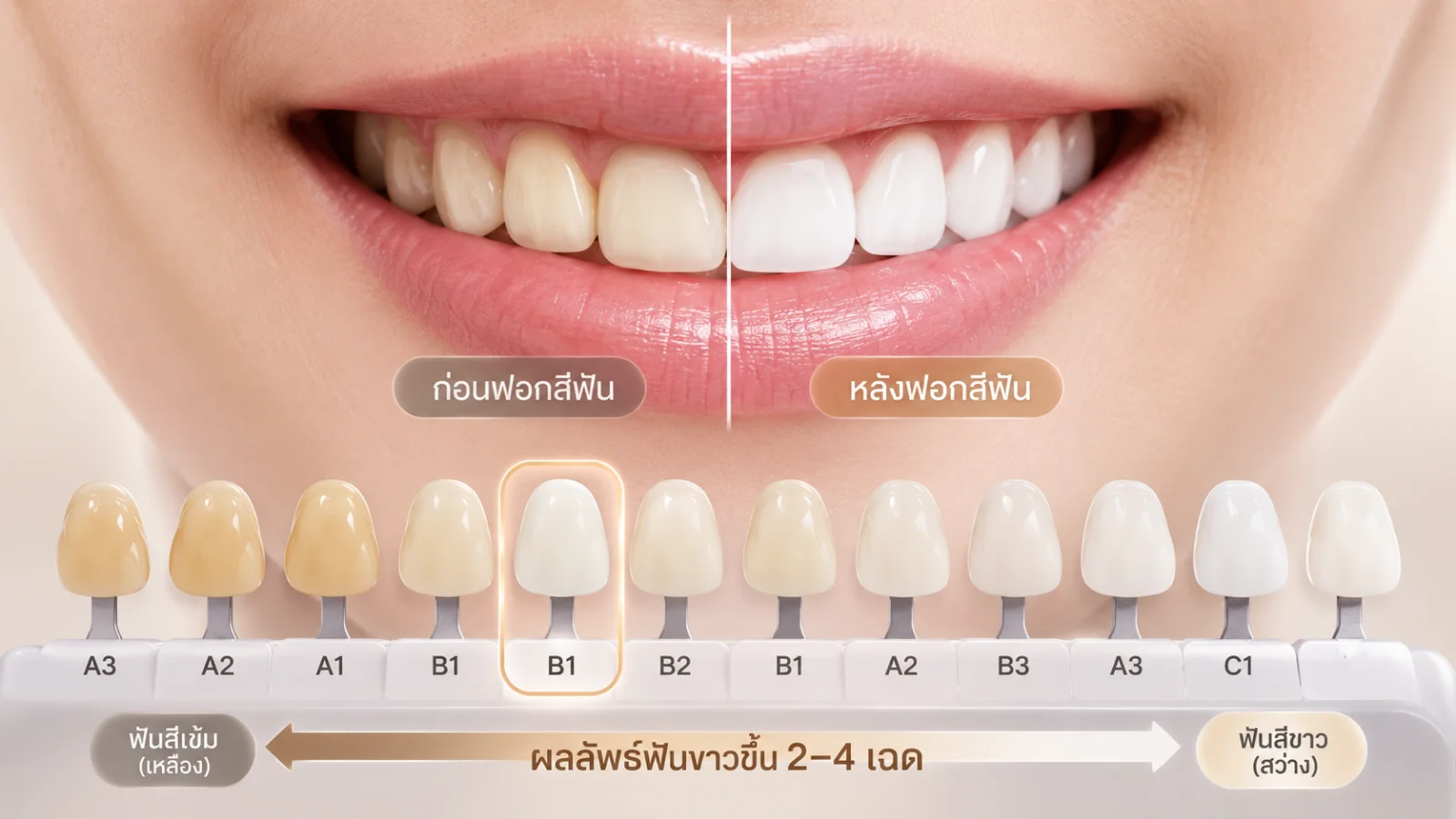 เปรียบเทียบสีฟันก่อนและหลังฟอกสีฟัน ขาวขึ้น 2-4 เฉด